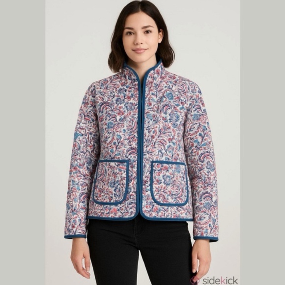 Quilted Floral Print Jacket with Navy Trim - Women